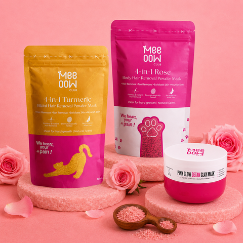 Turmeric Bikini Hair Removal Mask + Rose Body Hair Removal Mask + Pink Glow Detan Clay Mask - Combo of 3