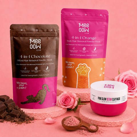 Chocolate Bikini Hair Removal Mask + Orange Body Hair Removal Mask + Pink Glow Detan Clay Mask - Combo of 3