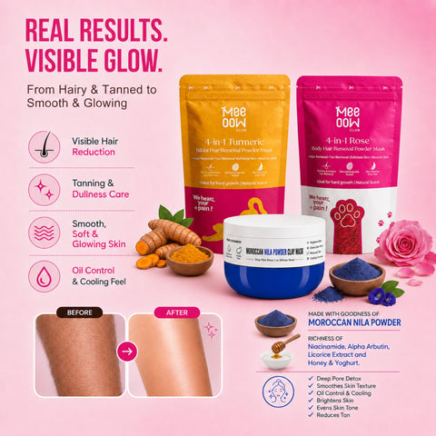 Turmeric Bikini Hair Removal Mask + Rose Body Hair Removal Mask + Morrocon Nila Powder Clay Mask - Combo of 3
