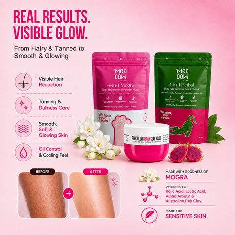 Herbal Bikini Hair Removal Mask + Mogra Body Hair Removal Mask + Pink Glow Detan Clay Mask - Combo of 3