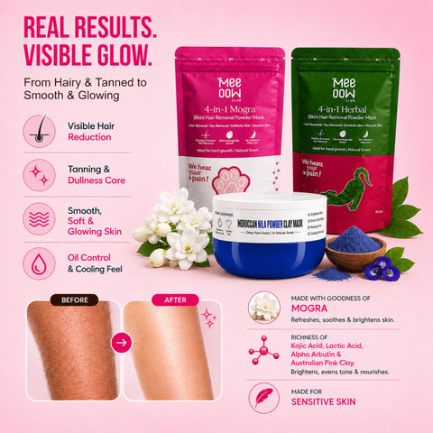 Herbal Bikini Hair Removal Mask + Mogra Body Hair Removal Mask + Morrocon Nila Powder Clay Mask - Combo of 3