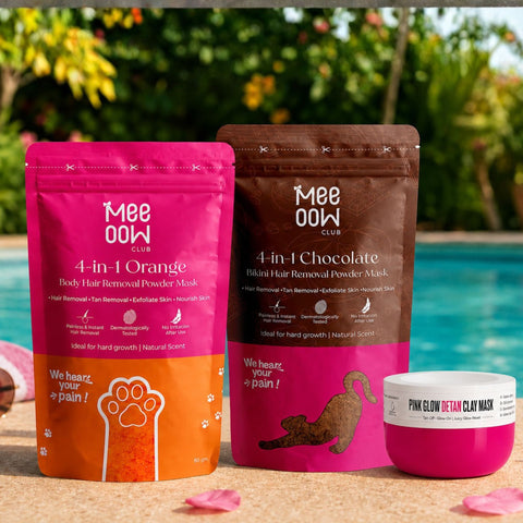 Chocolate Bikini Hair Removal Mask + Orange Body Hair Removal Mask + Pink Glow Detan Clay Mask - Combo of 3