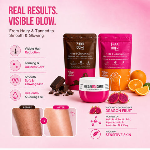 Chocolate Bikini Hair Removal Mask + Orange Body Hair Removal Mask + Pink Glow Detan Clay Mask - Combo of 3