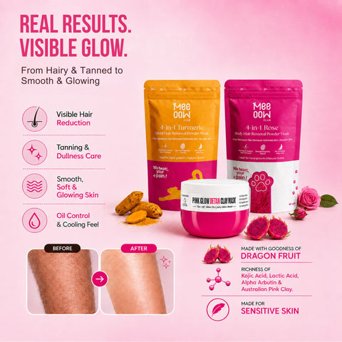 Turmeric Bikini Hair Removal Mask + Rose Body Hair Removal Mask + Pink Glow Detan Clay Mask - Combo of 3